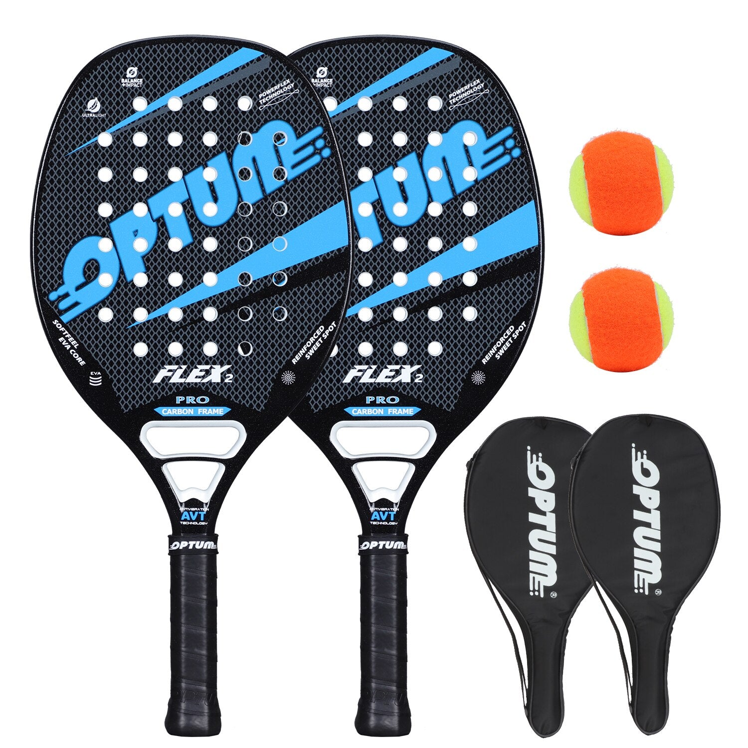 Kit Duas Raquetes de Beach Tennis Optum Flex II Pro Carbon + Bolas 2 Azuis