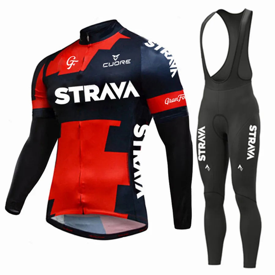 Conjunto de Inverno Ciclismo MTB Strava Maillot Vermelho Bretelle