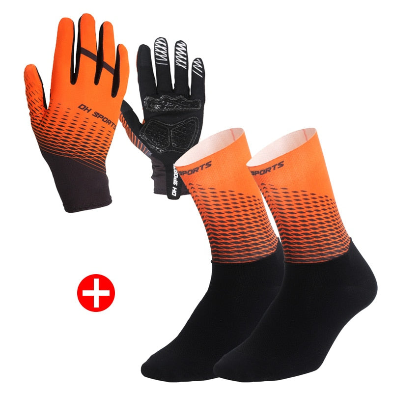 Kit 1 Par de Meias + 1 Par de Luvas Para Ciclismo Mittens Laranja