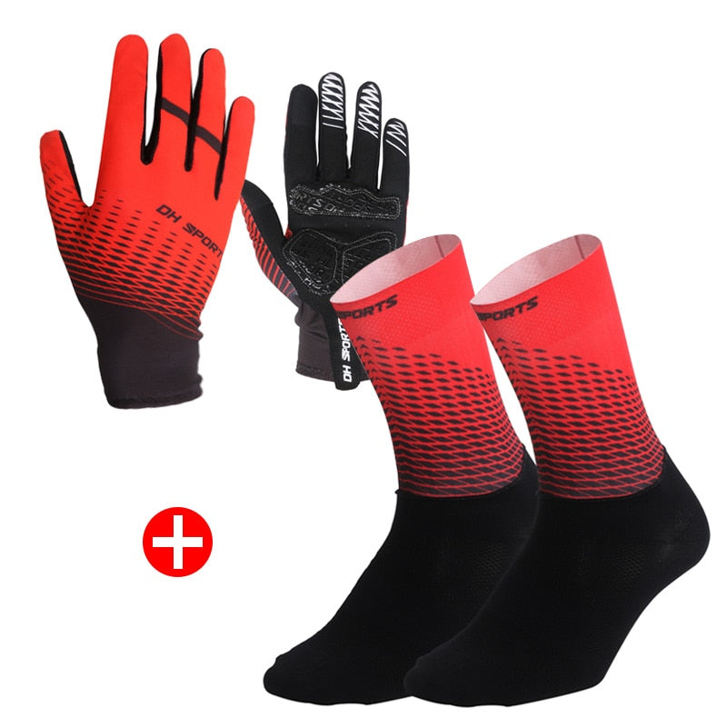 Kit 1 Par de Meias + 1 Par de Luvas Para Ciclismo Mittens Vermelho