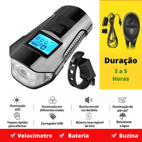 Velocímetro Para Bicicleta Com Lanterna e Buzina (À Prova D'água) Preto